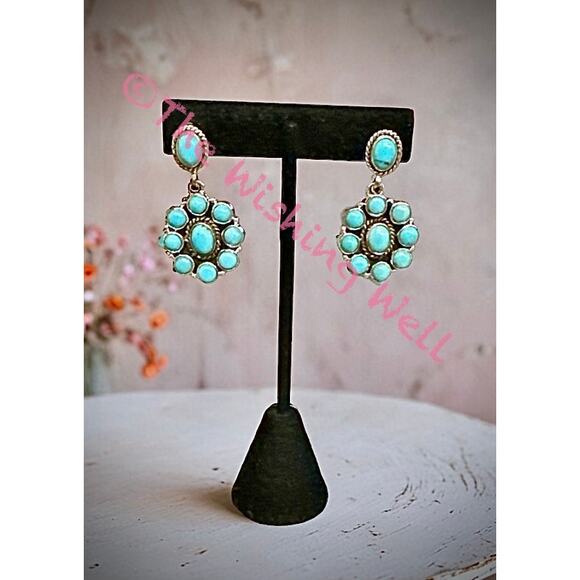 Kingman Green Turquoise Cluster Dangle Earrings 1.5” Long Sterling Silver - Picture 1 of 5